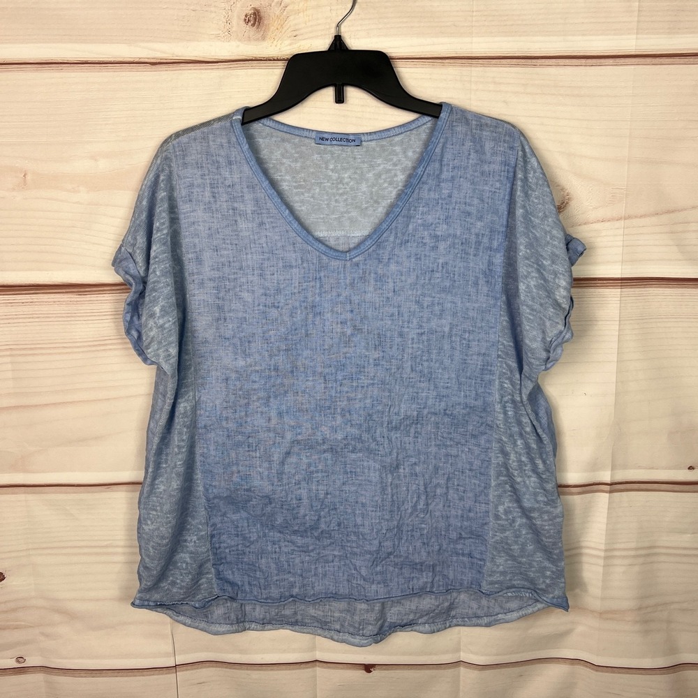 New Collection Top Womens OS Blue Linen‎ Blouse V-Neck Dolman Sleeve Woven Knit
